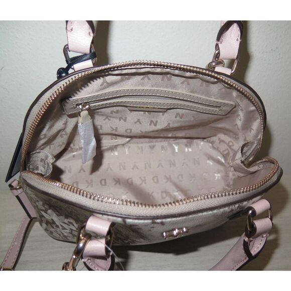 DKNY R14DYD08 Tan/Brown Sig. Logo Allover Print Catherine Dome Satchel Bag $178 - Picture 7 of 9